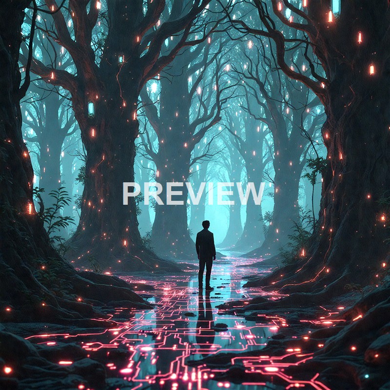 A person standing in a dark, futuristic forest with glowing circuit-like patterns on the ground and illuminated trees, creating an otherworldly atmosphere.